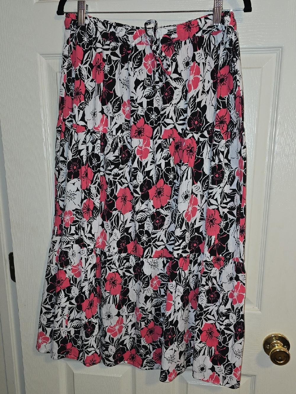 Appleseed's Black, White & Pink Floral Tiered Maxi Skirt